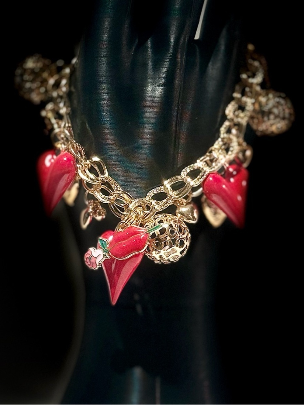 Gold and Red Heart Charm Bracelet